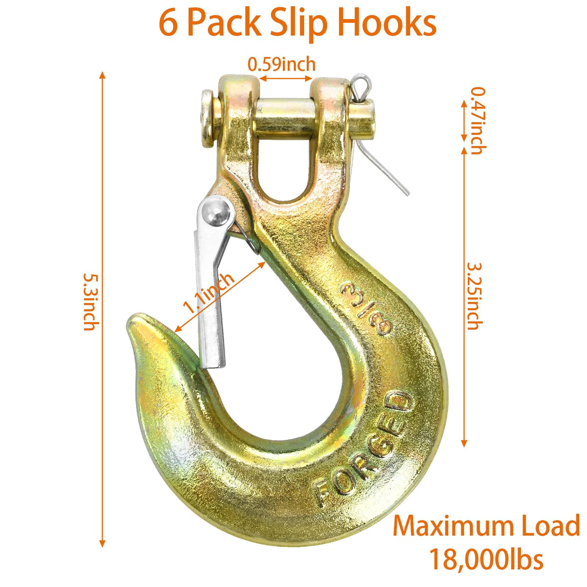 6 Pack 3/8 Inch G70 Forged Steel Clevis Slip Hook with Safety Latch U6027