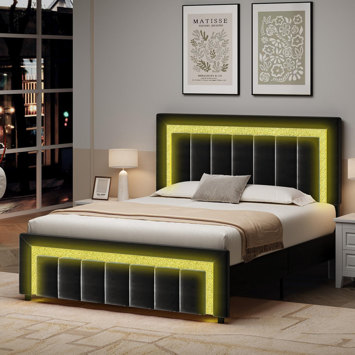 Full Size Velvet Upholstered Bed Frame with LED Lights R70114