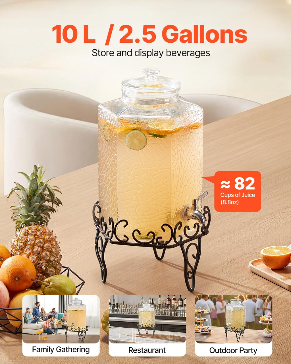 2.5 Gallon Glass Beverage Dispenser with Metal Stand M57701
