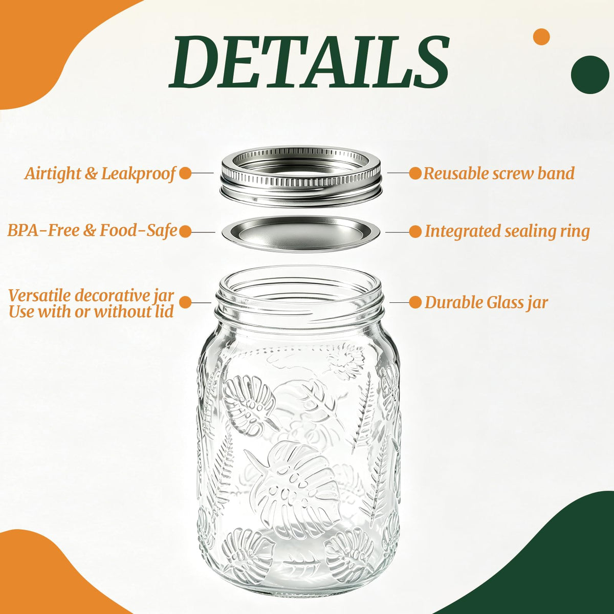 6-Pack Glass Mason Jars 16 oz Wide Mouth Canning Jars F3641