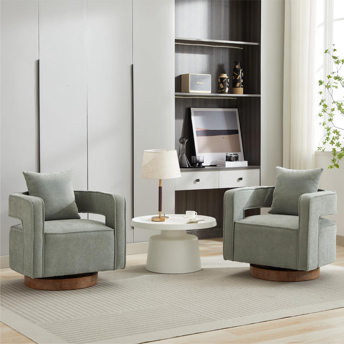 Green Linen Swivel Accent Barrel Chair Set of 2 with Solid Wood Base R868153