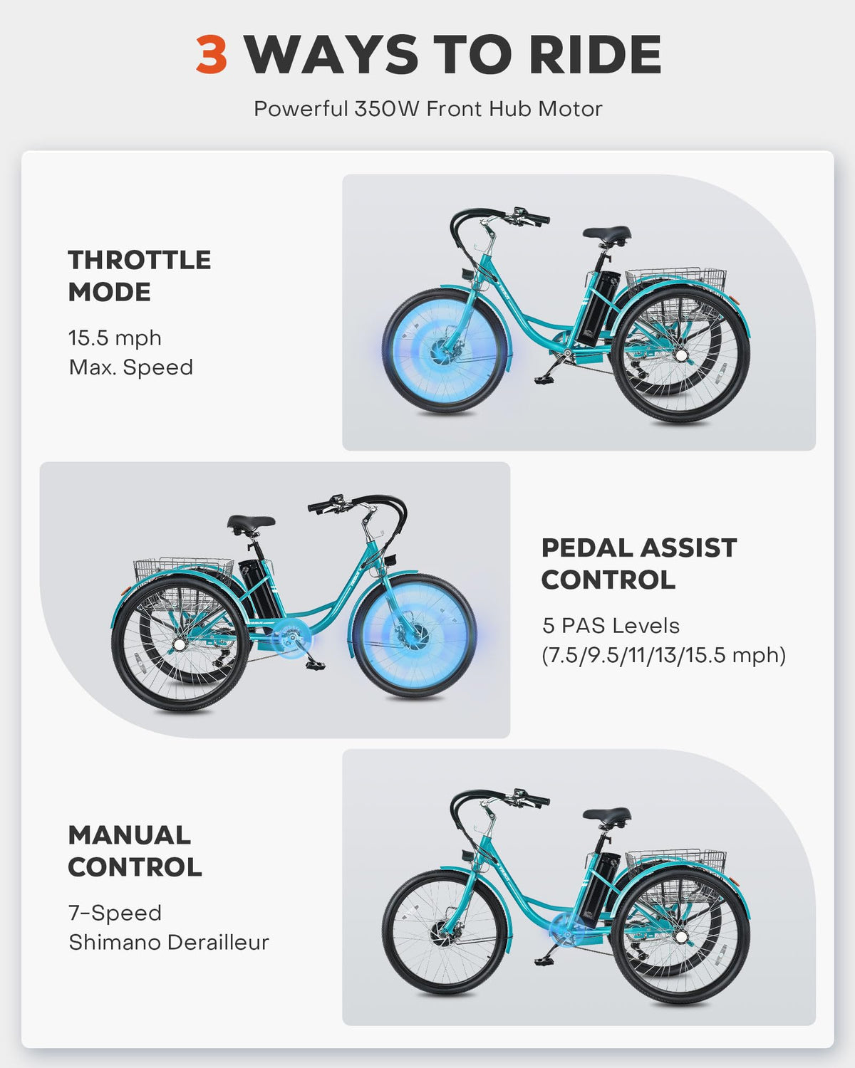 26 in 7 Speed Electric Trike with 36V 13Ah Battery X701304