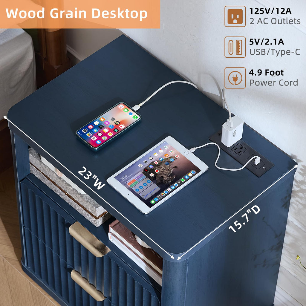 Blue 2 Drawer Fluted Nightstand with Charging Station J47330