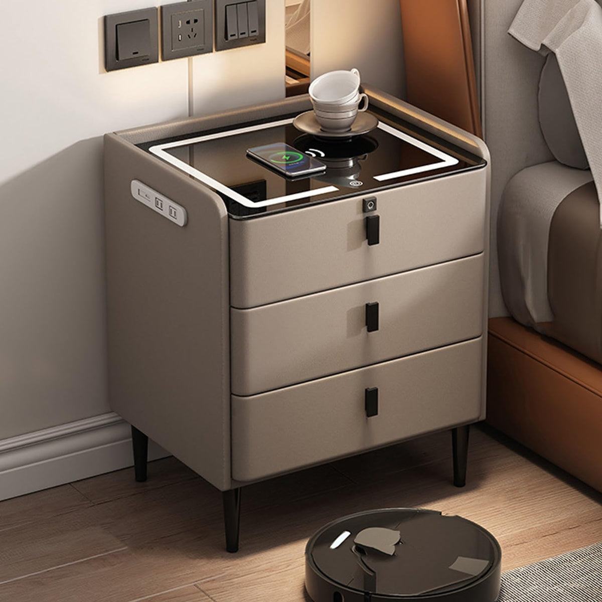 Khaki Nightstand with Wireless Charging Station and 3 Drawers L235