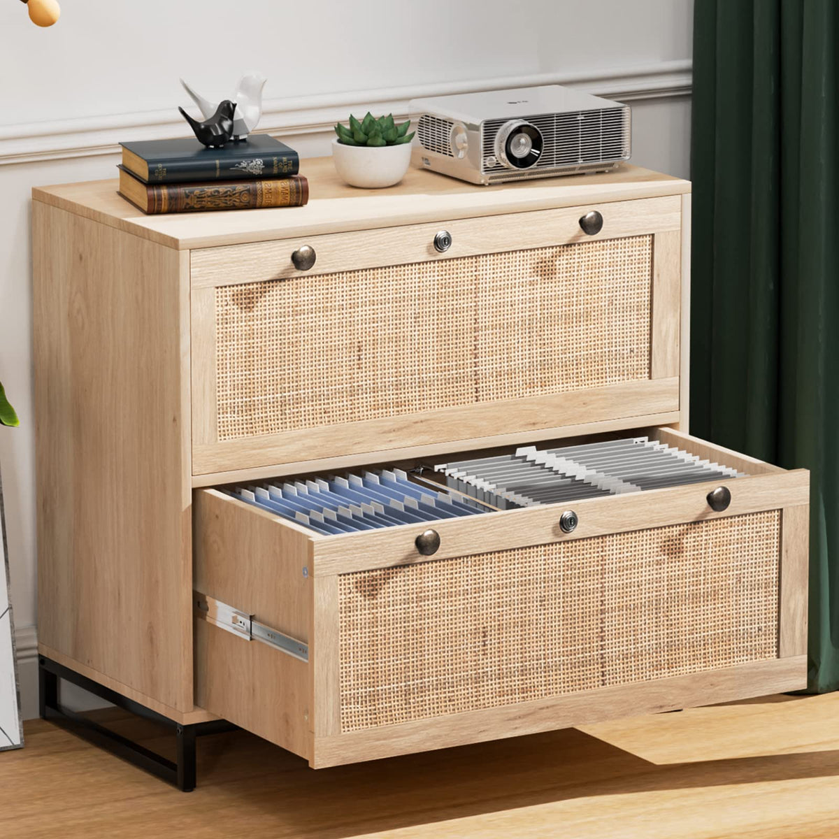 Oak Wood Rattan 2 Drawer Lateral File Cabinet with Lock F78727