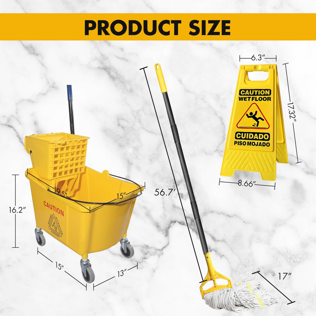 Commercial Mop Bucket with 2 Mop Heads and Caution Sign, 38 Quart R6579