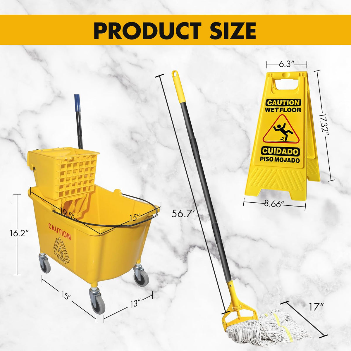 Commercial Mop Bucket with 2 Mop Heads and Caution Sign, 38 Quart R6579