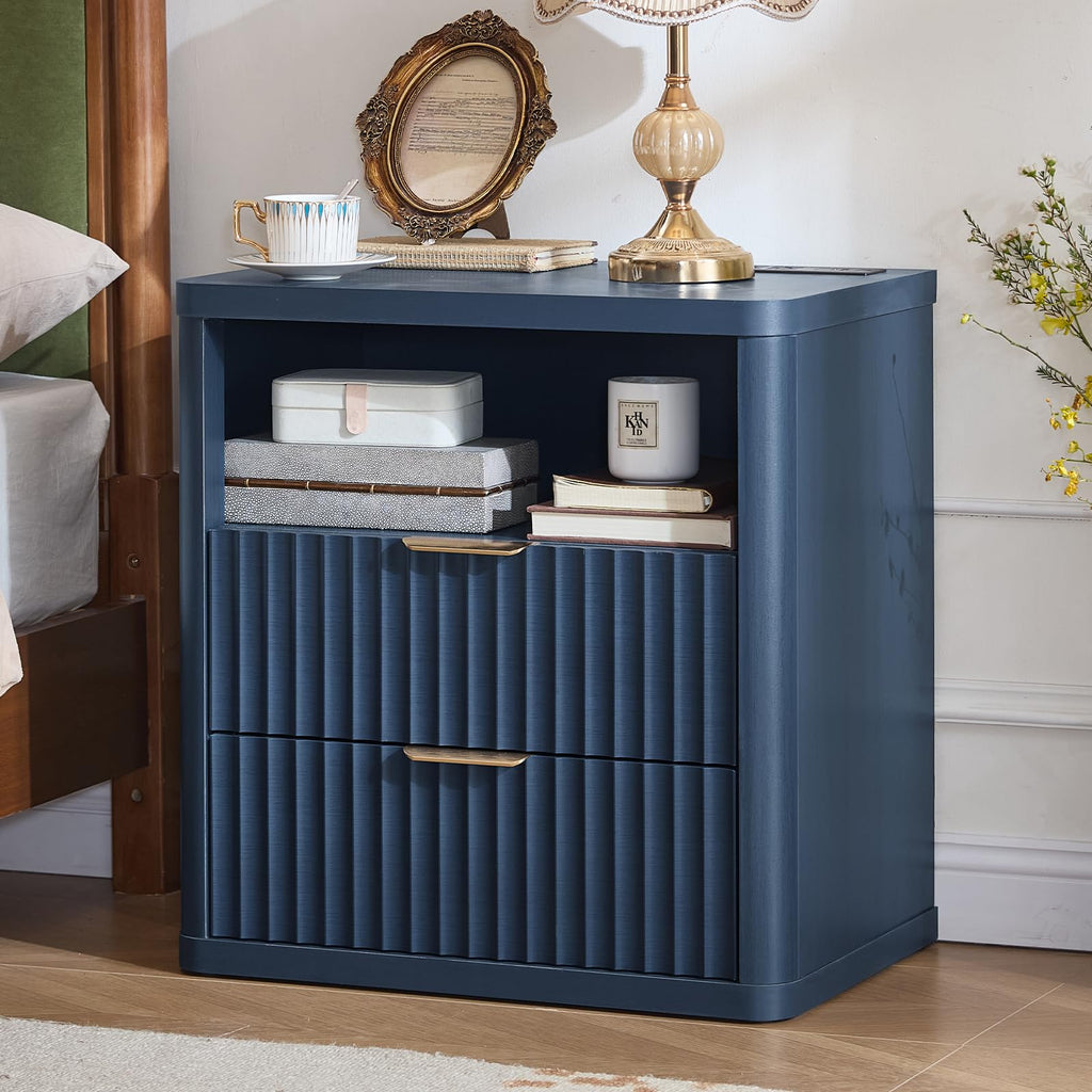 Blue 2 Drawer Fluted Nightstand with Charging Station J47330