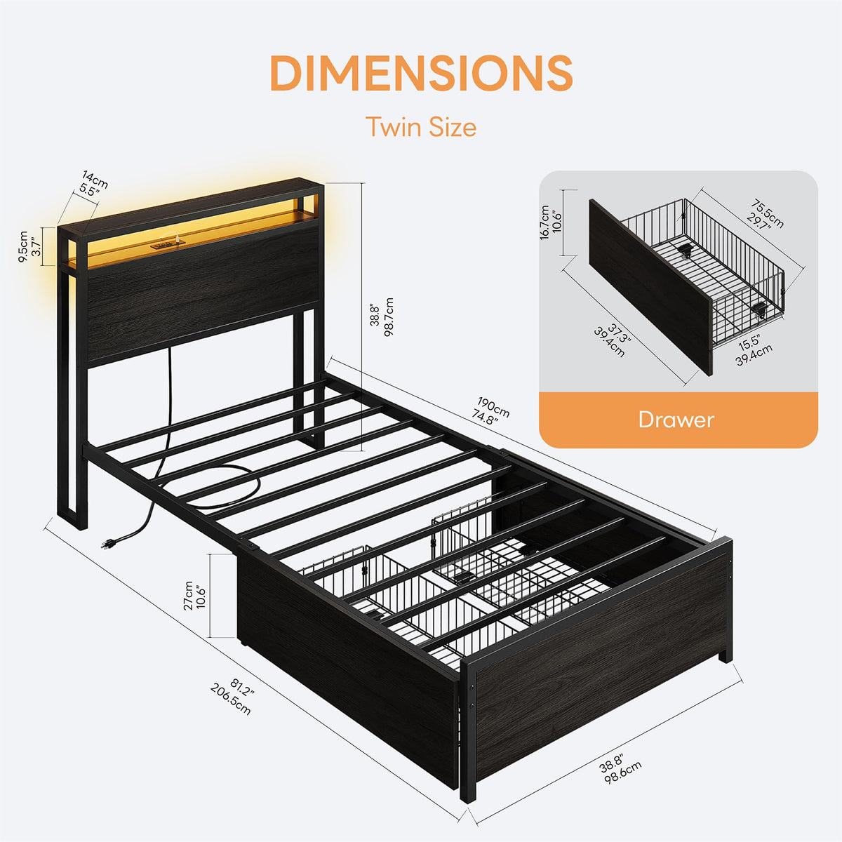 Twin Bed Frame with Storage Drawers and LED Light P987366