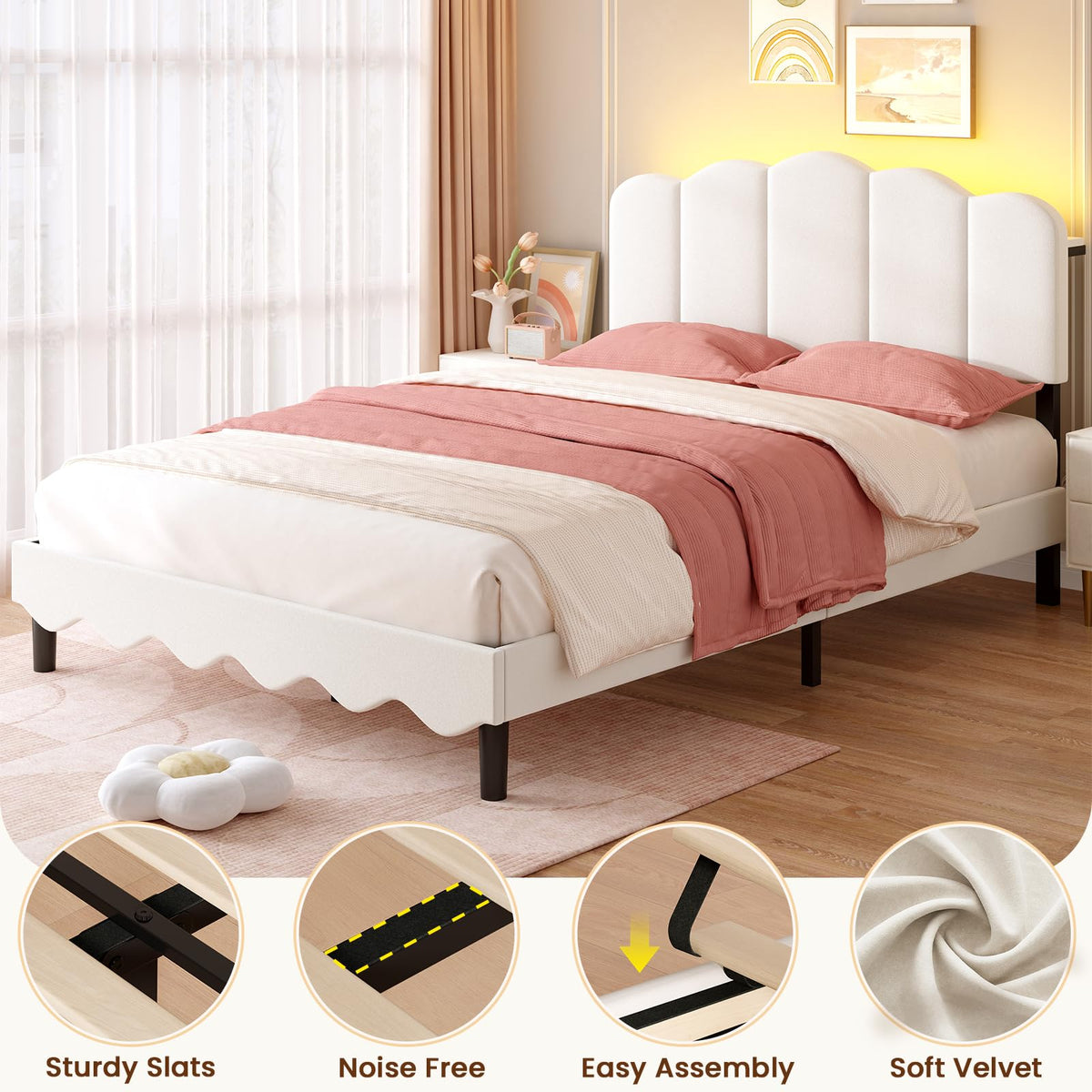 Beige Full Size Bed Frame with Storage Headboard Q6687