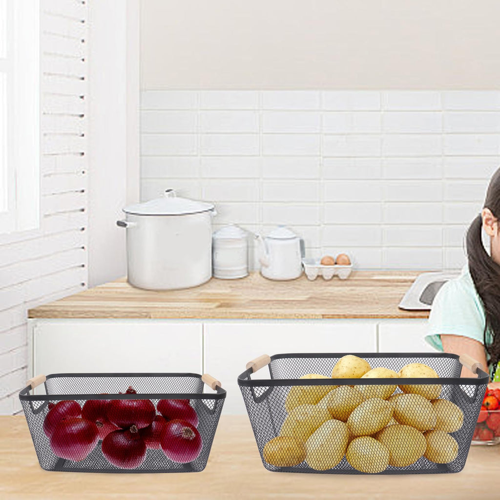 Potato and Onion Storage Bin, 2 Set Metal Mesh Baskets with Wooden Handle T480731