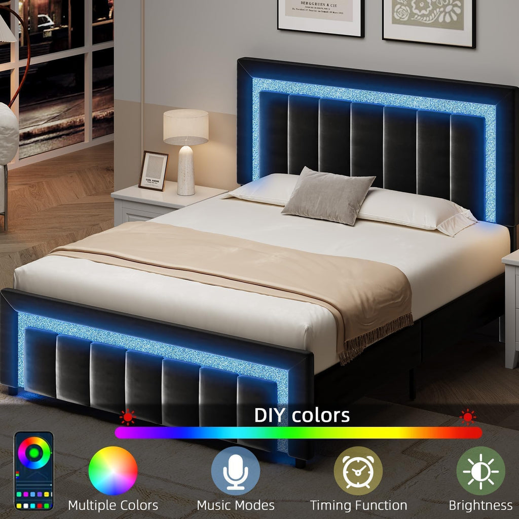 Full Size Velvet Upholstered Bed Frame with LED Lights R70114