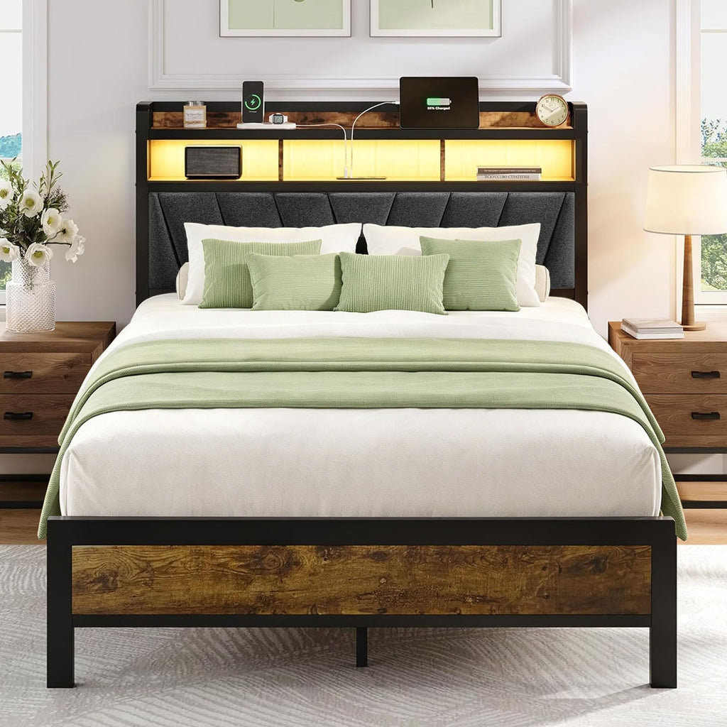 Full Bed Frame with LED Lights and Charging Station A939771