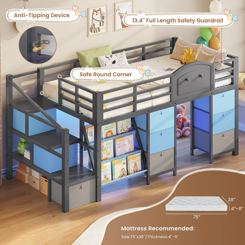Twin Size Low Loft Bed with 9 Storage Drawers and Staircase K88267