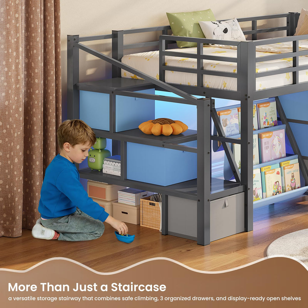 Twin Size Low Loft Bed with 9 Storage Drawers and Staircase K88267