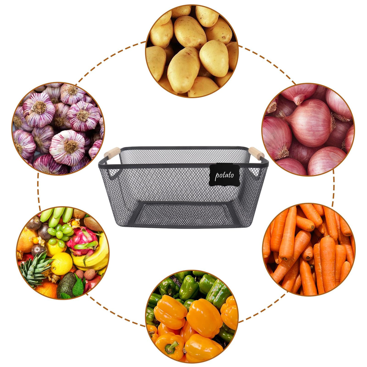 Potato and Onion Storage Bin, 2 Set Metal Mesh Baskets with Wooden Handle T480731