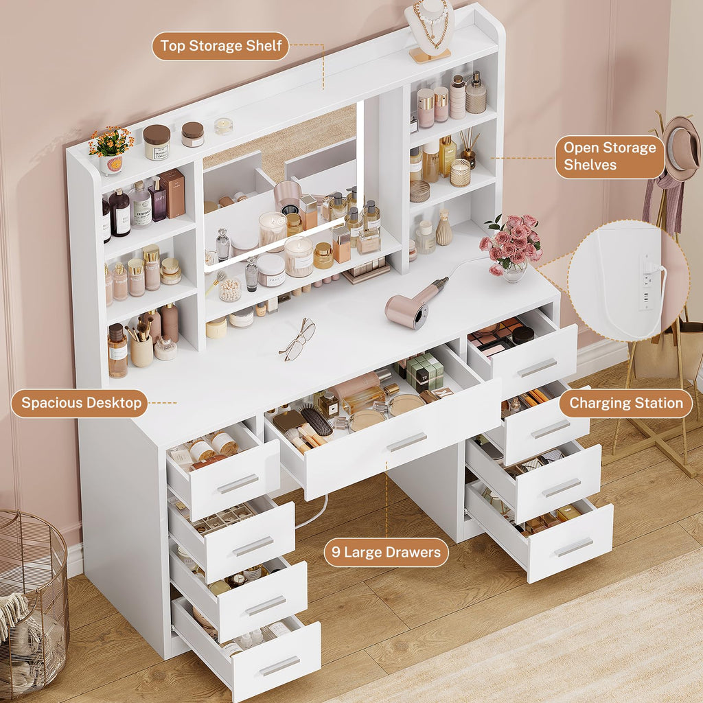 White Vanity Desk with Mirror and 9 Drawers F986