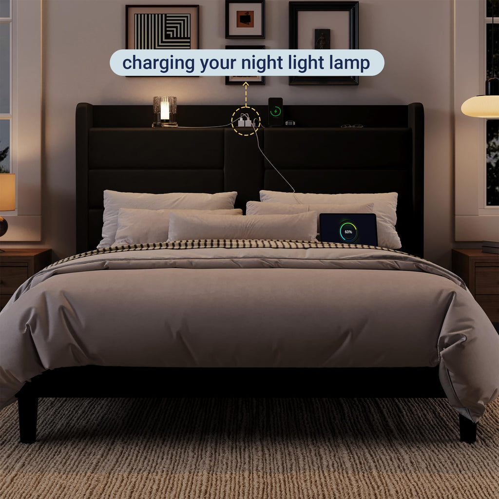Queen Size Black Velvet Upholstered Platform Bed Frame with Storage Headboard J3179