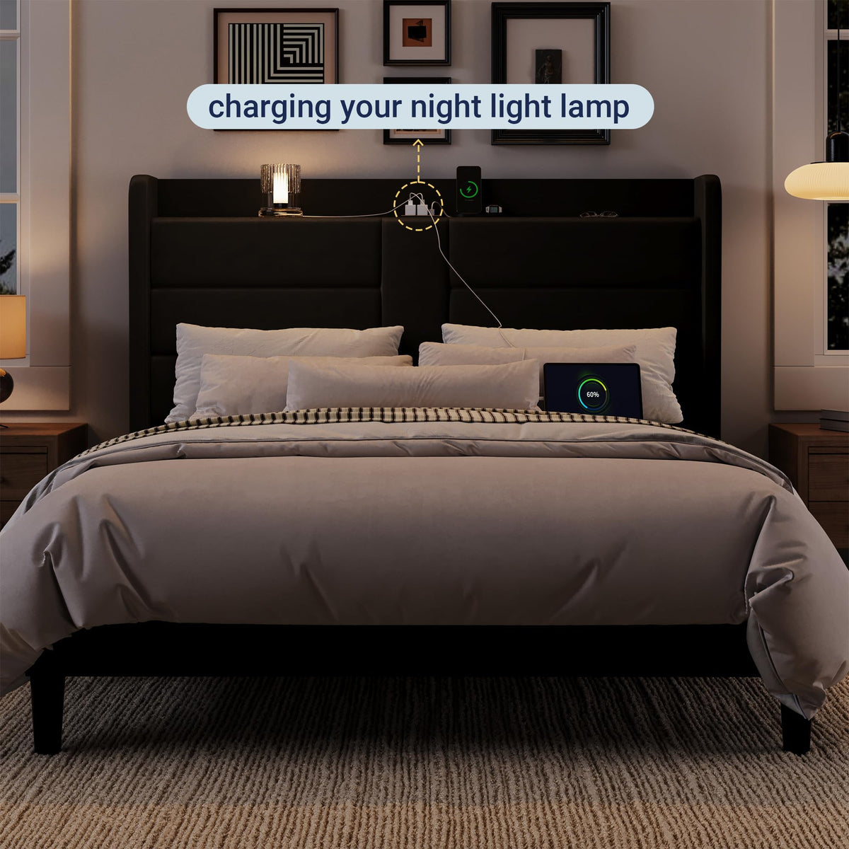Queen Size Black Velvet Upholstered Platform Bed Frame with Storage Headboard J3179