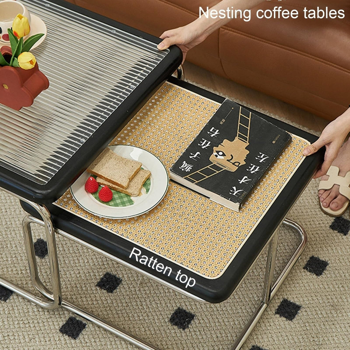 Mid Century Modern Coffee Table Set of 2 Square Metal Base P7357