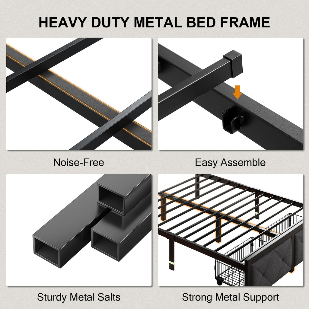 King Size Metal Platform Bed Frame with 2 Storage Drawers M3532