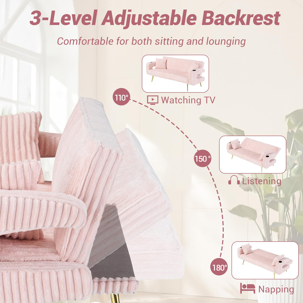 74" Pink Corduroy Convertible Sofa Bed with Cup Holder X654