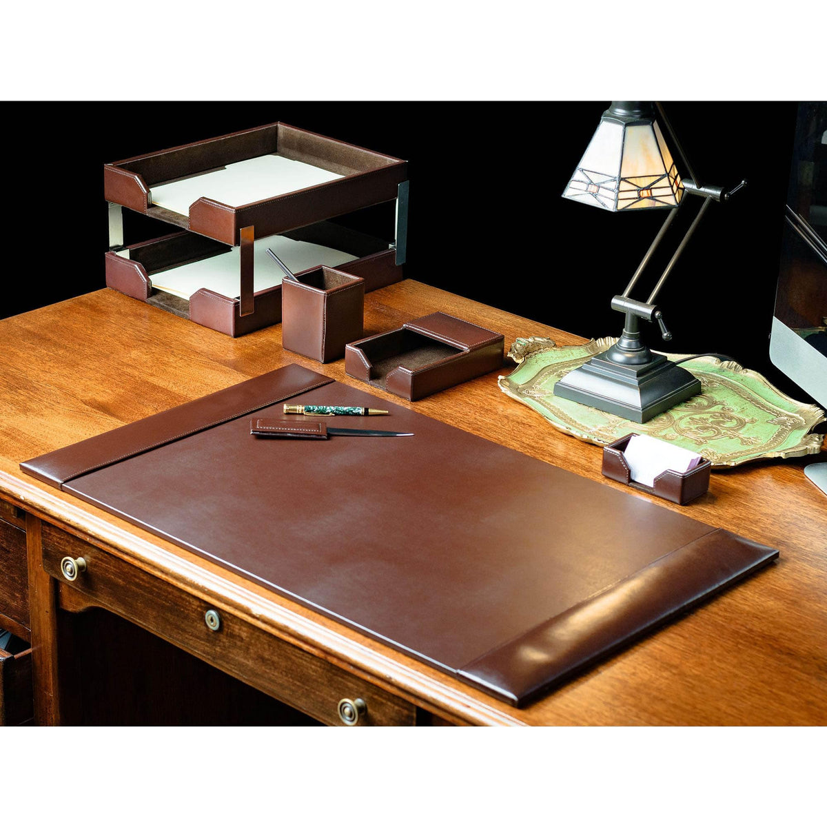 Dark Brown Bonded Leather 8-Piece Desk Accessory Set A12043