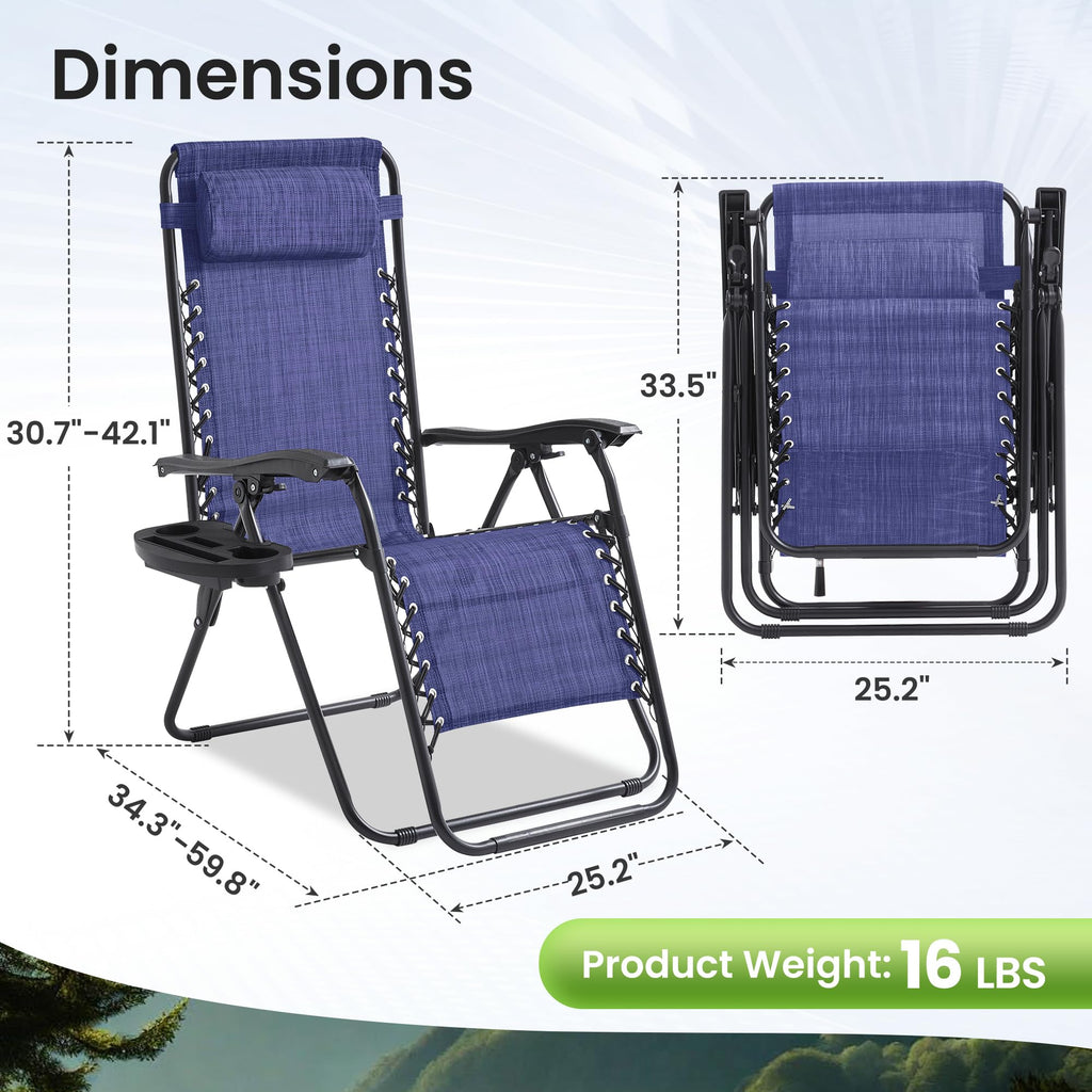 Oversized Padded Zero Gravity Chair Set of 2 with Pillow & Cup Holder H803