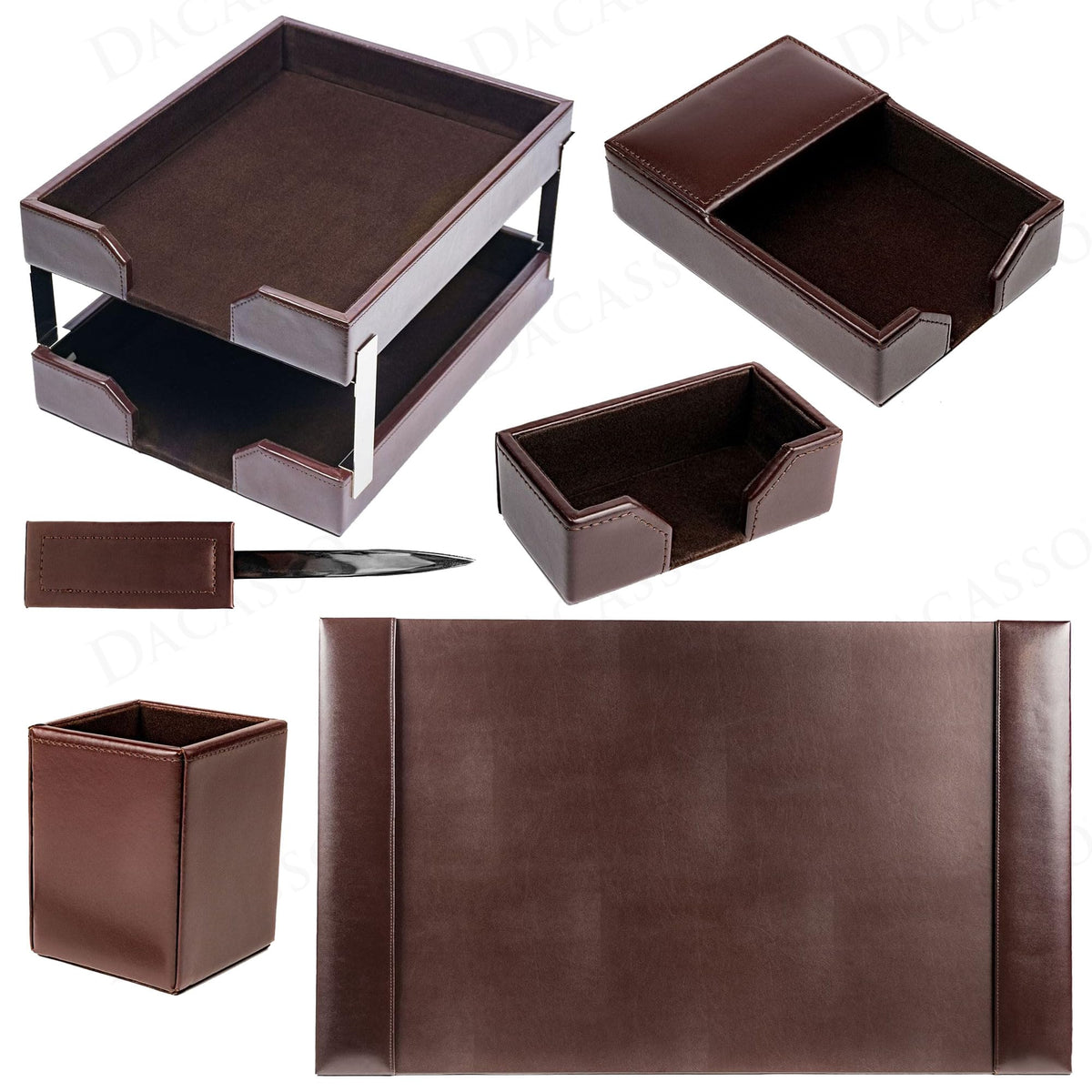 Dark Brown Bonded Leather 8-Piece Desk Accessory Set A12043