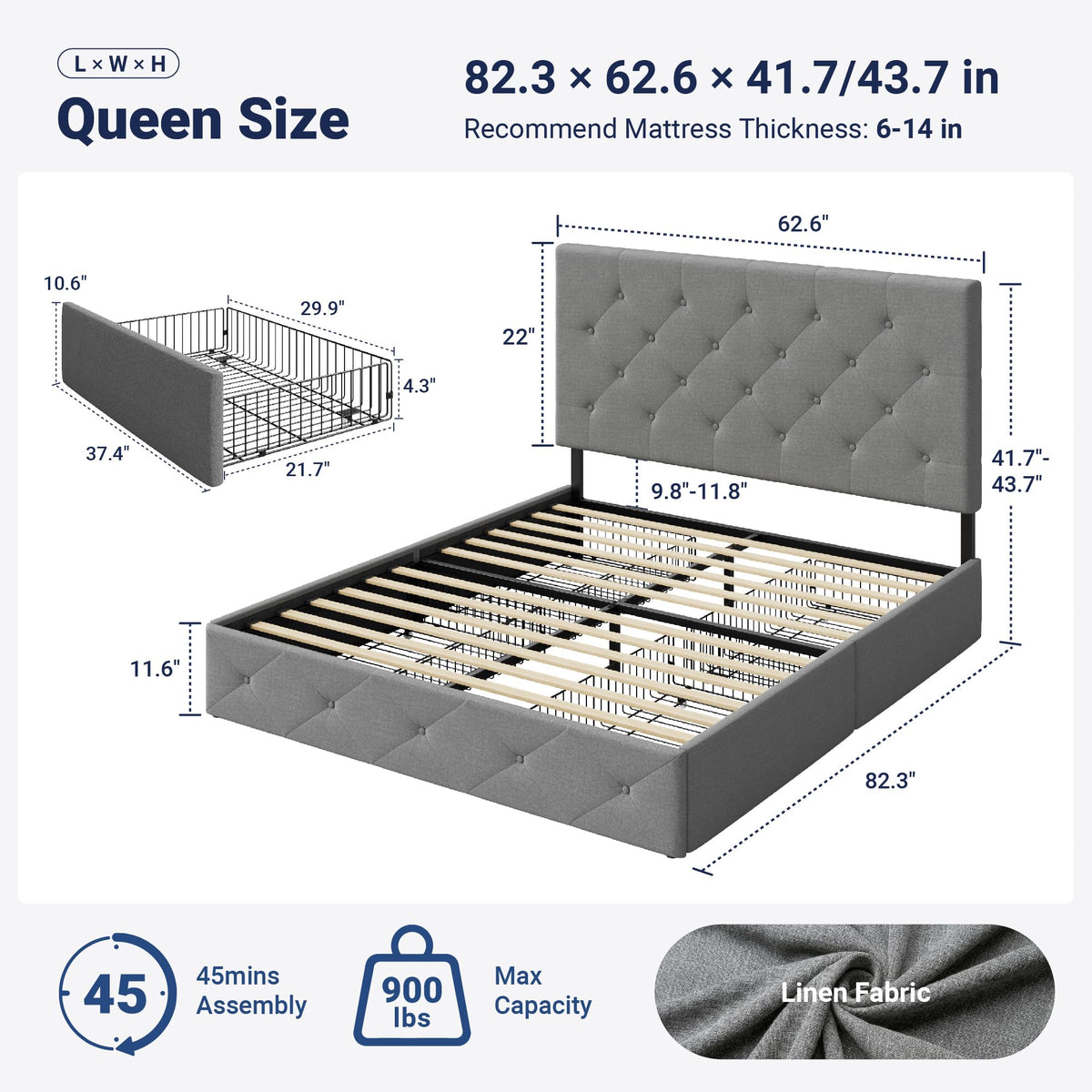 Queen Size Light Grey Upholstered Storage Bed Frame with 4 Drawers V60125