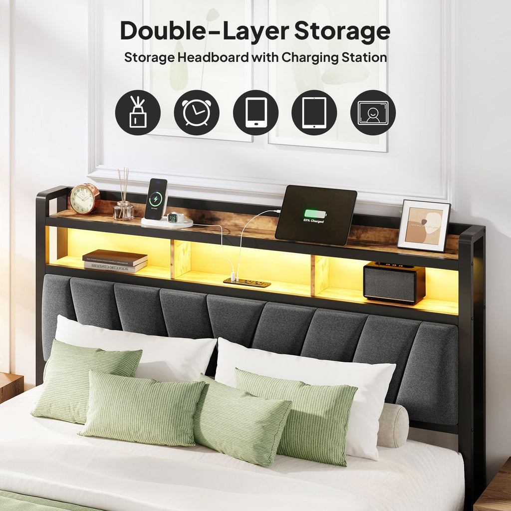 Full Bed Frame with LED Lights and Charging Station A939771