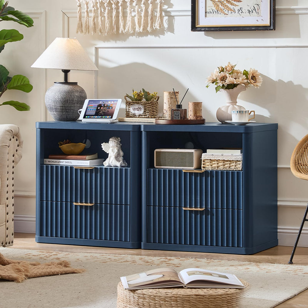 Blue 2 Drawer Fluted Nightstand with Charging Station J47330