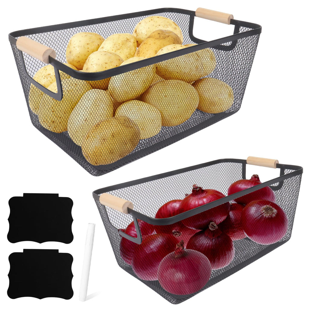 Potato and Onion Storage Bin, 2 Set Metal Mesh Baskets with Wooden Handle T480731