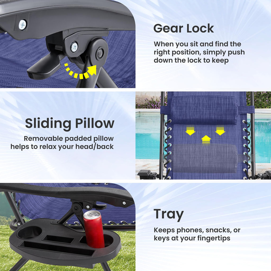 Oversized Padded Zero Gravity Chair Set of 2 with Pillow & Cup Holder H803