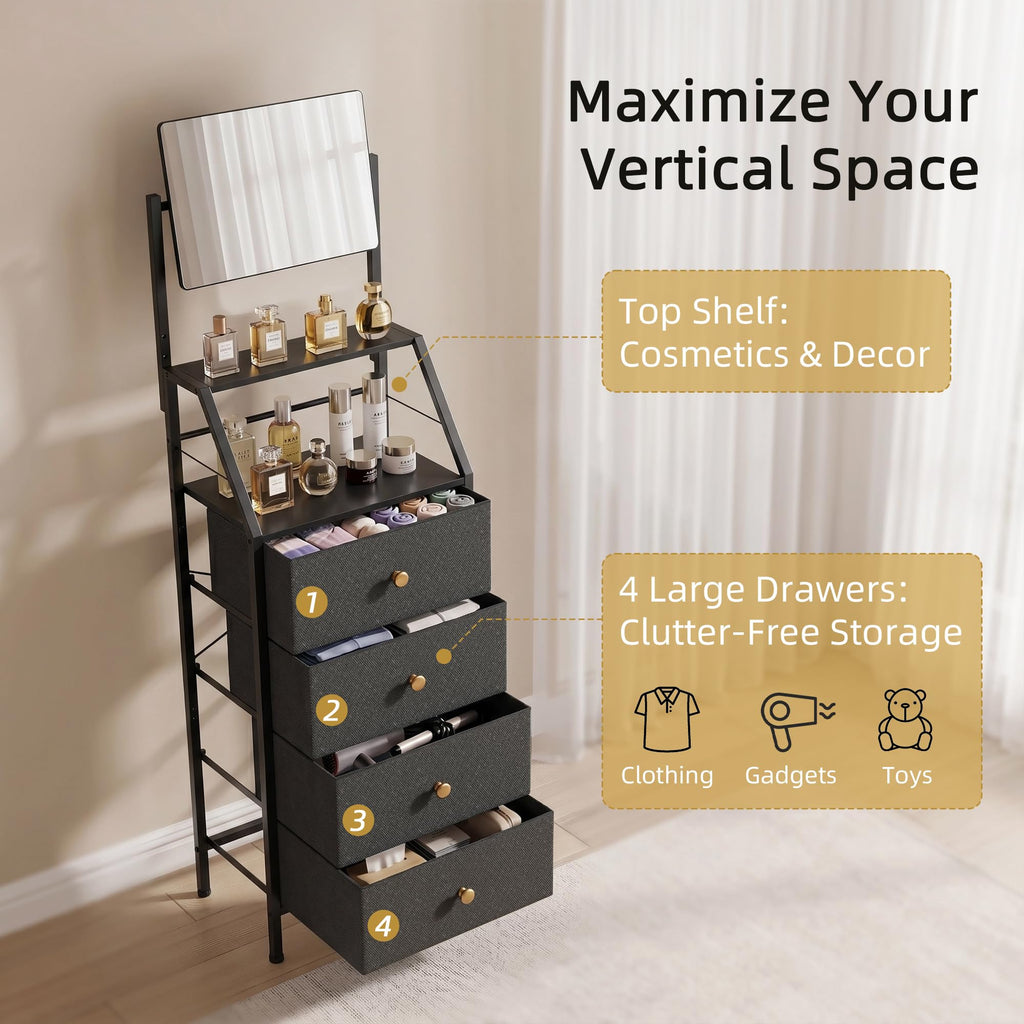 Black 4 Drawer Vanity Dresser with Adjustable Mirror C6755