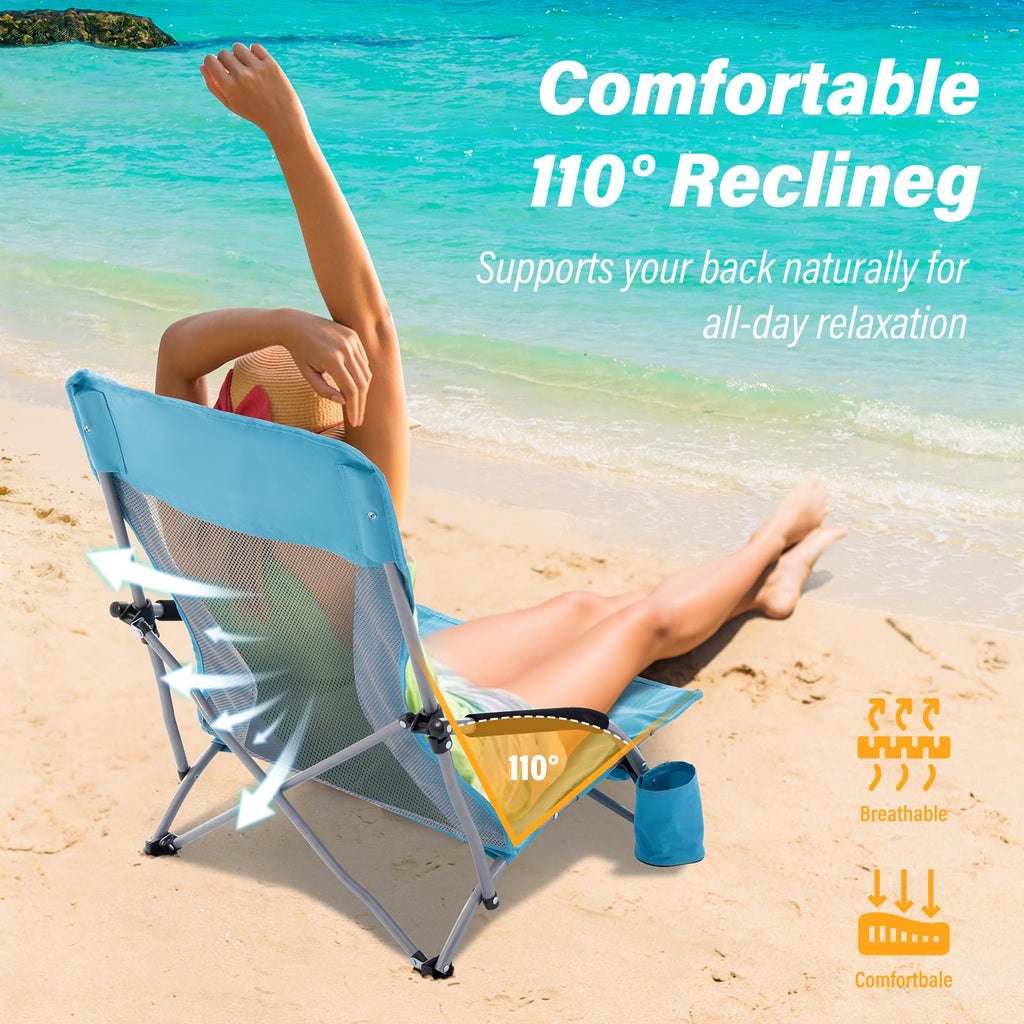 Portable Low Folding Beach Chairs Set of 2 Lightweight with Cup Holder Storage Pockets Carry Bag Blue F701498