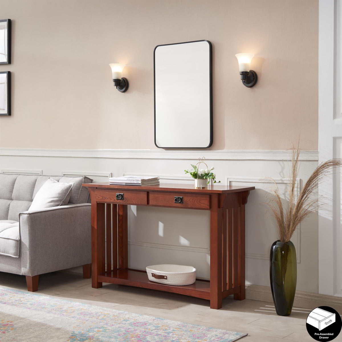 Transitional Solid Ash Console Table with 2 Drawers B547
