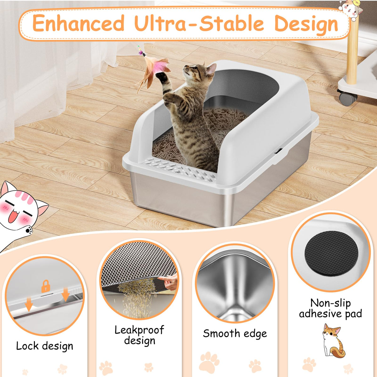 Stainless Steel Extra Large Enclosed Cat Litter Box with Lid and Mat A529562