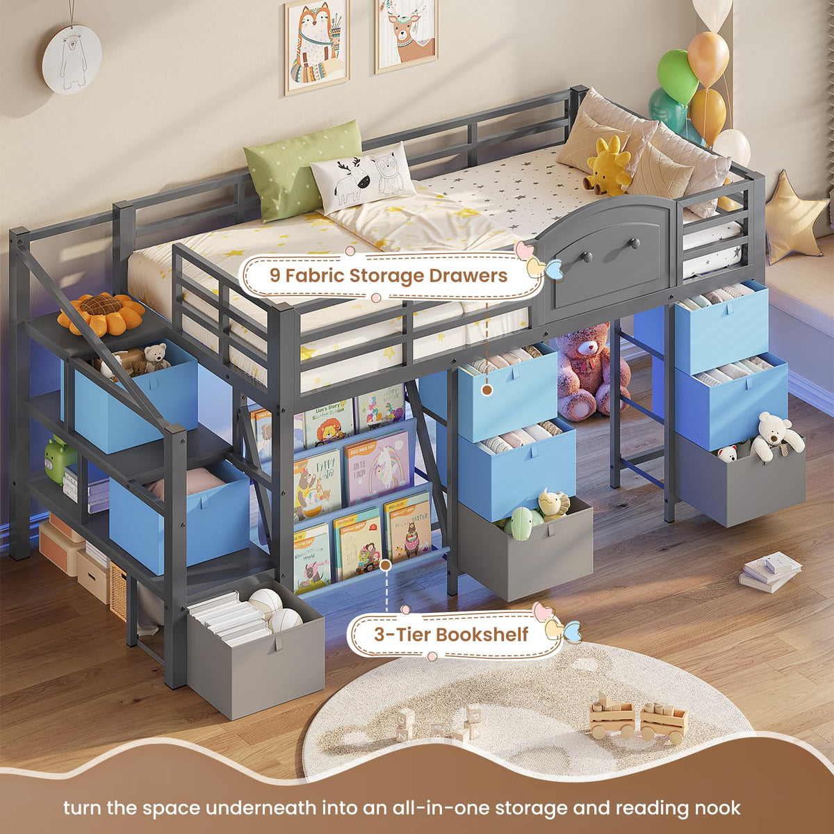 Twin Size Low Loft Bed with 9 Storage Drawers and Staircase K88267