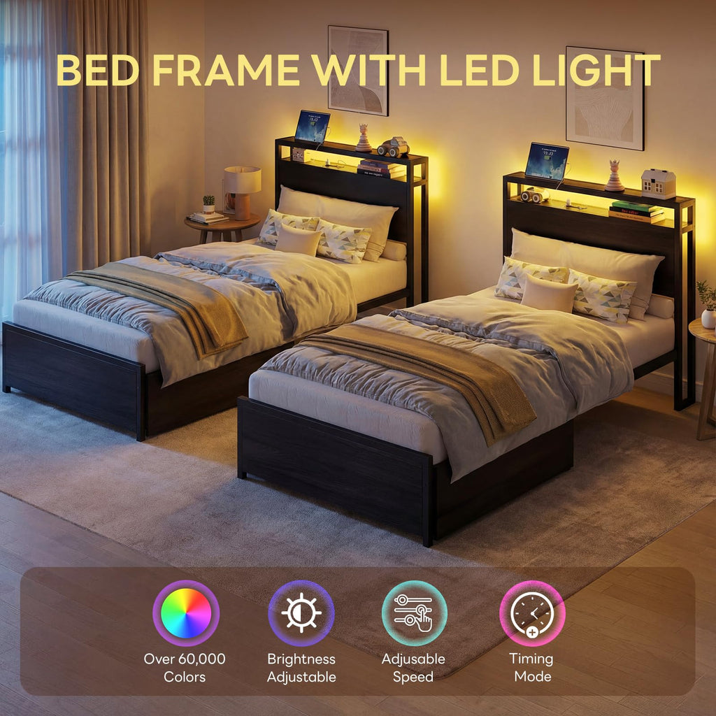 Twin Bed Frame with Storage Drawers and LED Light P987366