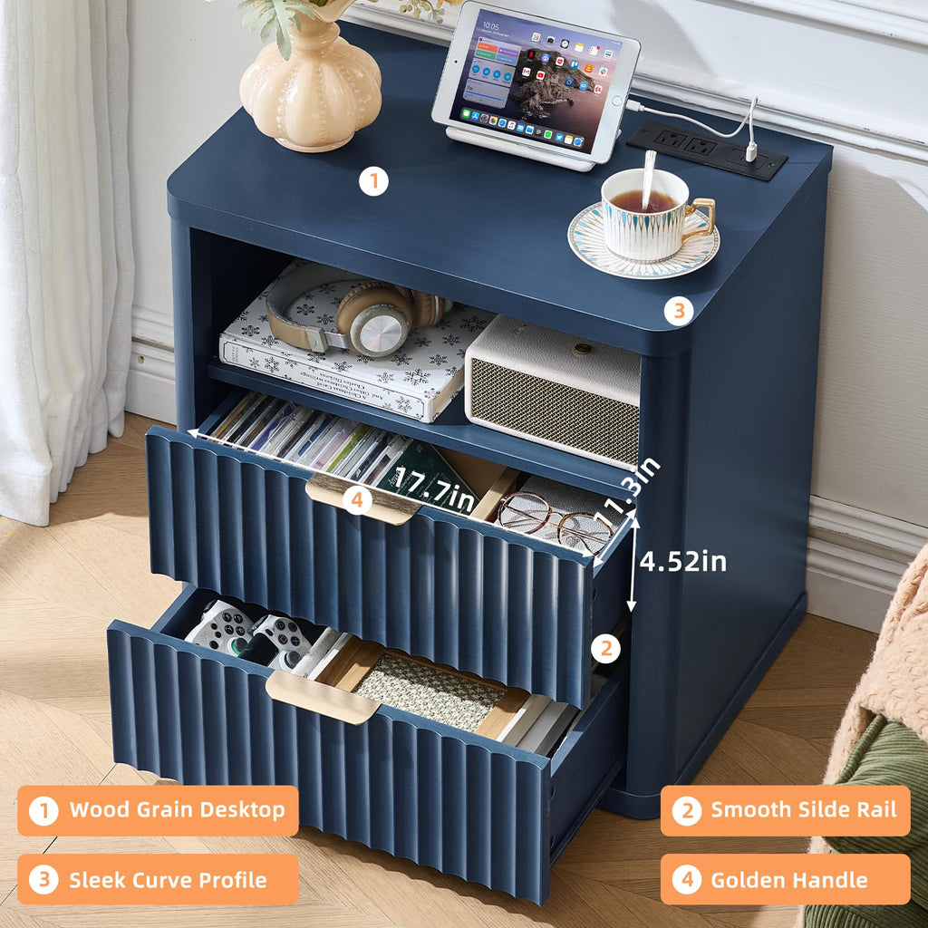 Blue 2 Drawer Fluted Nightstand with Charging Station J47330