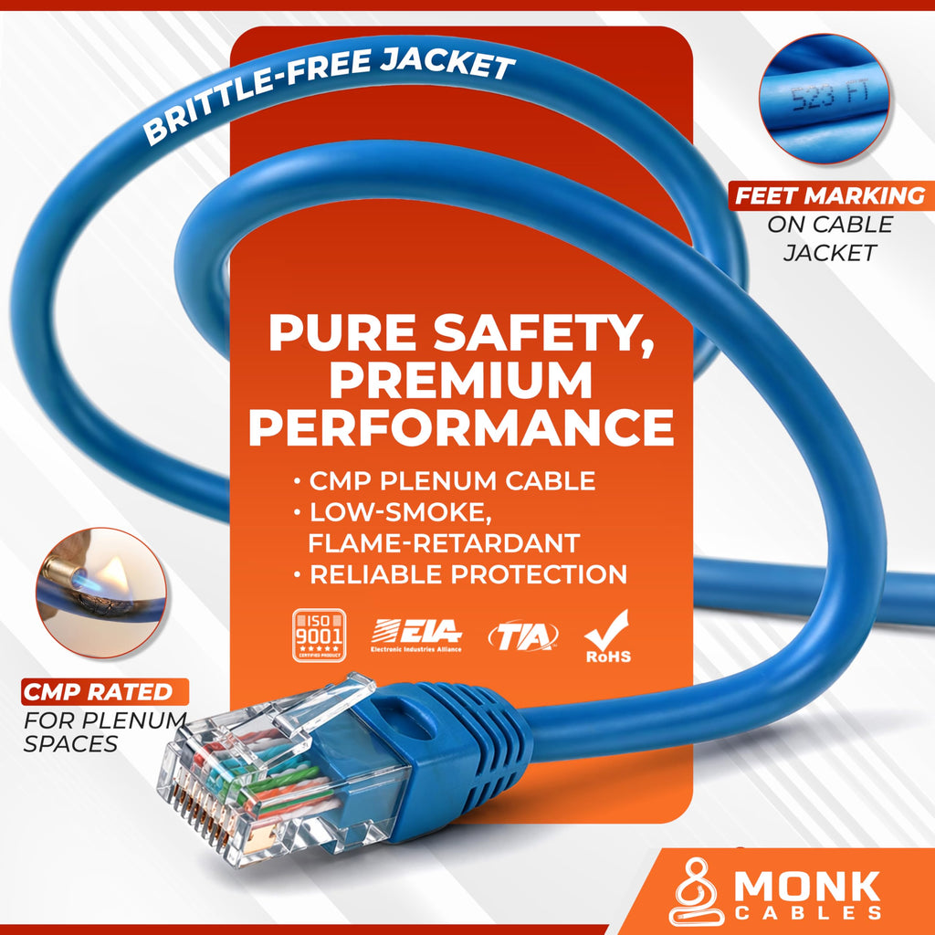 CAT 6 Ethernet Cable 1000ft Pure Bare Solid Copper 23AWG UTP CMP Plenum Blue W291119