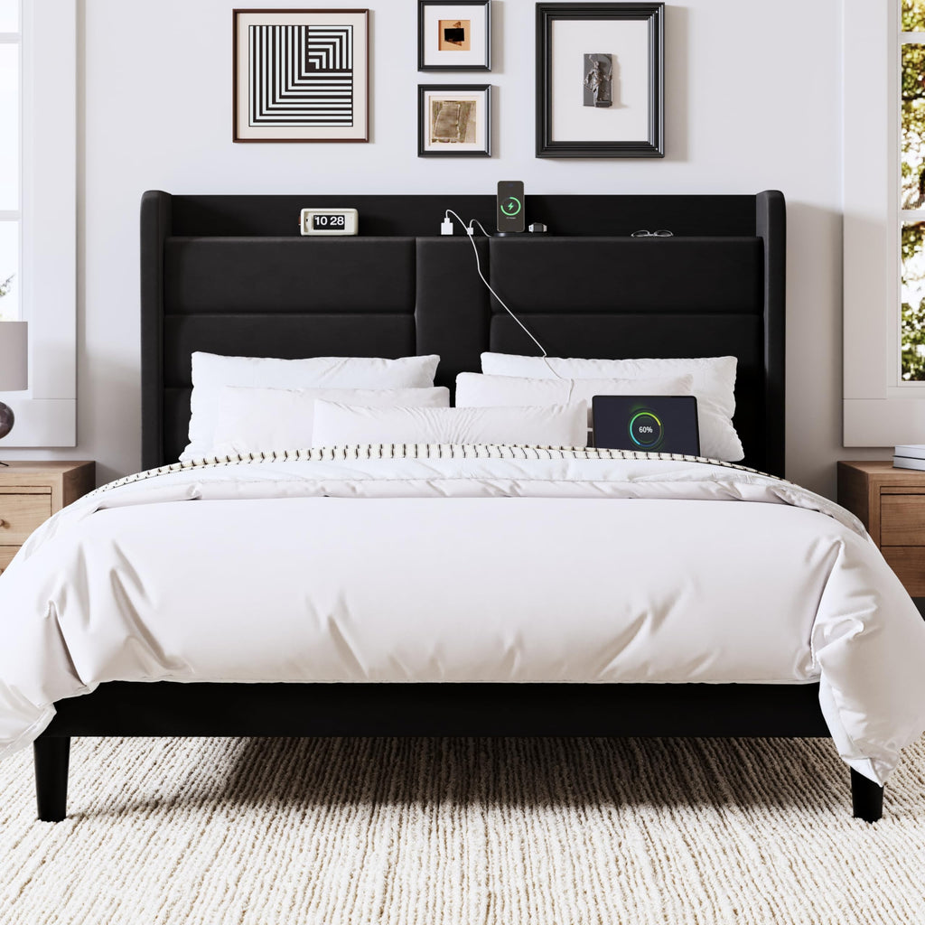 Queen Size Black Velvet Upholstered Platform Bed Frame with Storage Headboard J3179