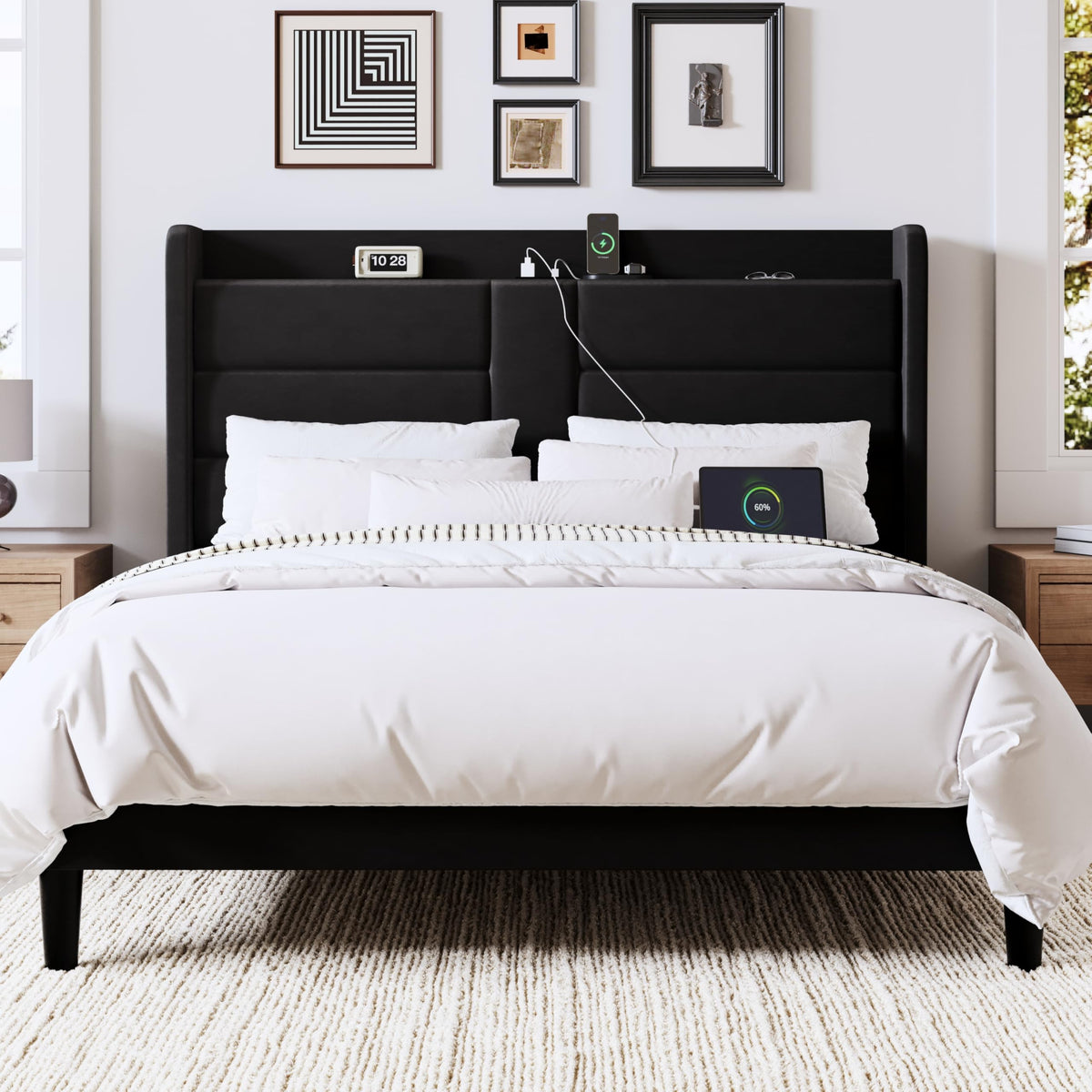 Queen Size Black Velvet Upholstered Platform Bed Frame with Storage Headboard J3179
