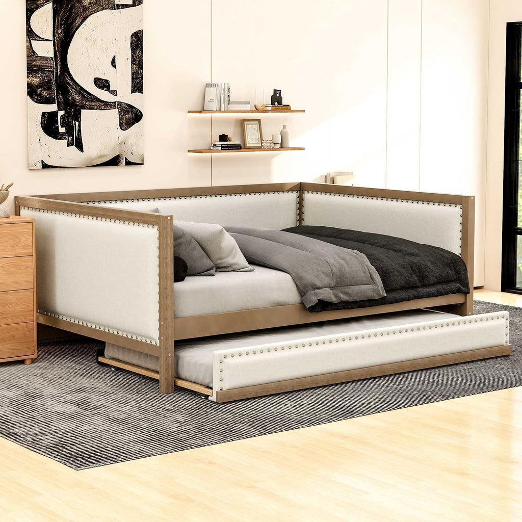 Full Size Upholstered Daybed with Trundle Linen Fabric N321892