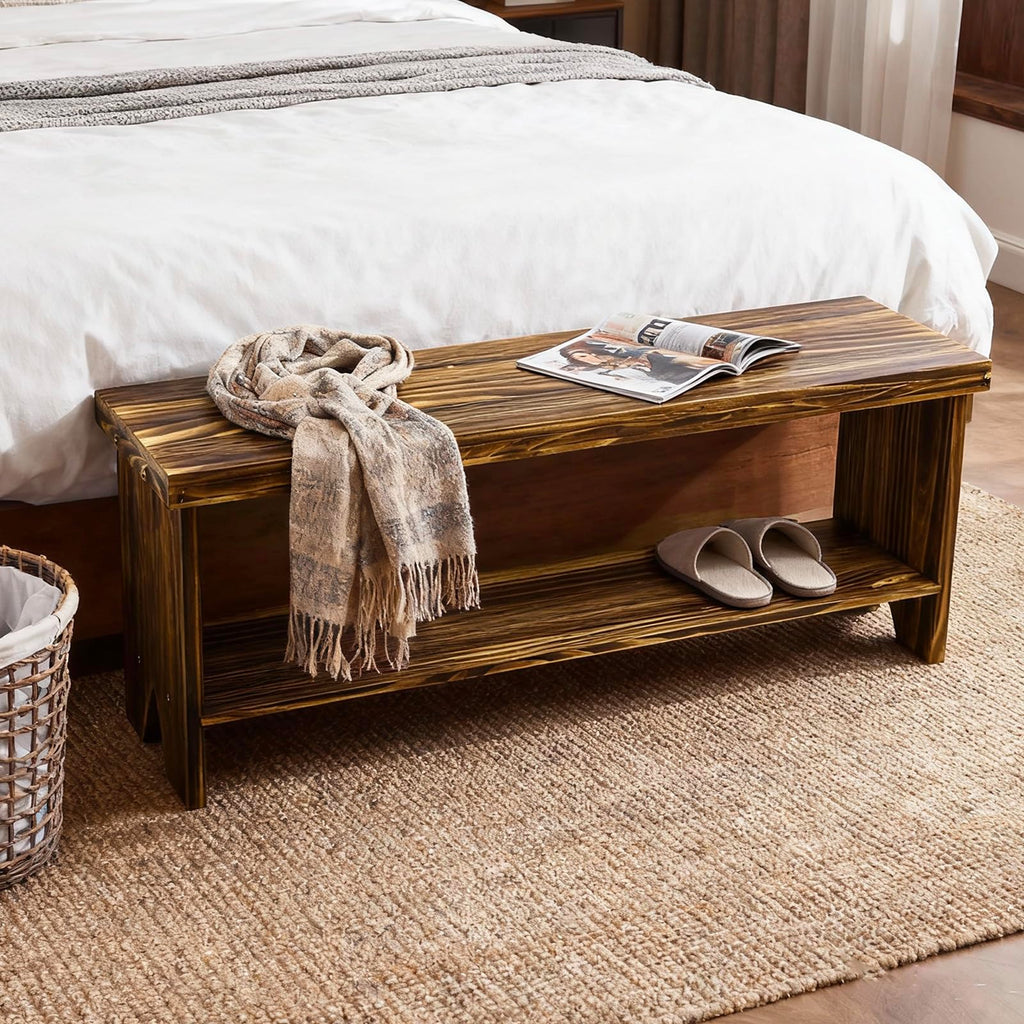 Solid Wood Entryway Bench with Storage Shelf R9498