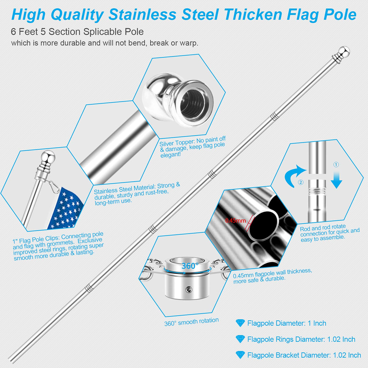 Silver 6 FT Metal Flagpole Kit and 304 Stainless Steel Flagpole Clips F301