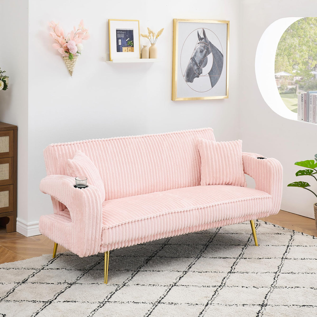 74" Pink Corduroy Convertible Sofa Bed with Cup Holder X654