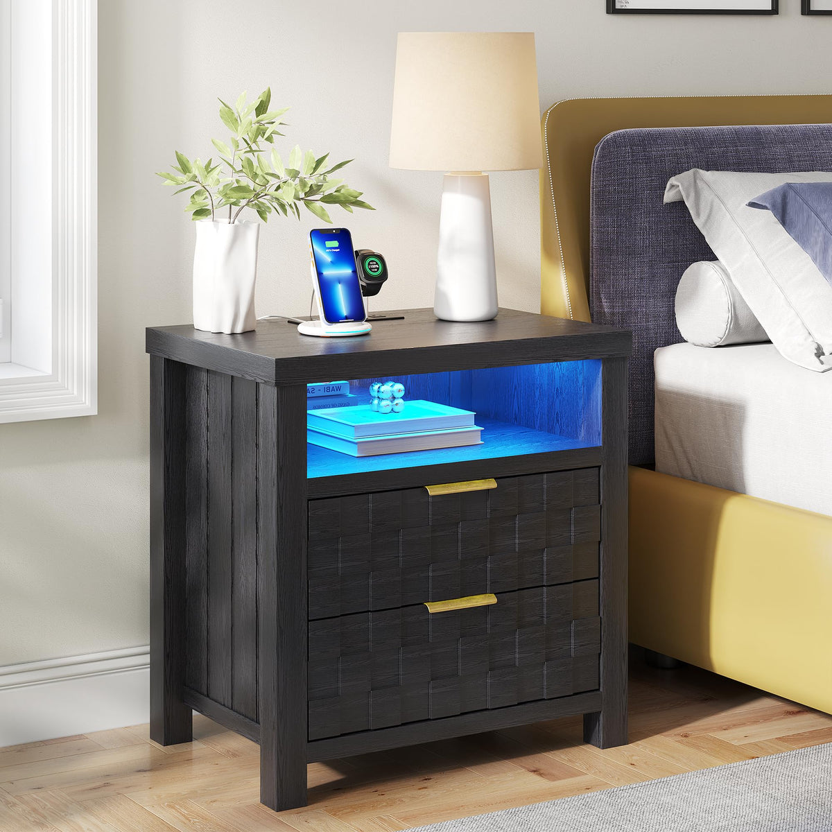 Black Nightstand with Charging Station, 2 Drawers, LED Lights Y2596