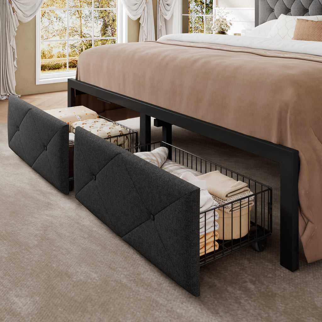 King Size Metal Platform Bed Frame with 2 Storage Drawers M3532